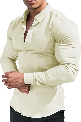URRU Men's Muscle Dress Shirts Slim Fit Stretch Long&Short Sleeve Casual Button Down Shirt