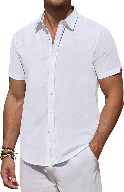 DEMEANOR Linen Shirts for Men Short Sleeve Button Down Shirts Summer Beach Casual Linen Button Up Shirt Vacation Wedding